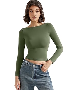 SUUKSESS Women Crew Neck Long Sleeve T Shirts Double Lined